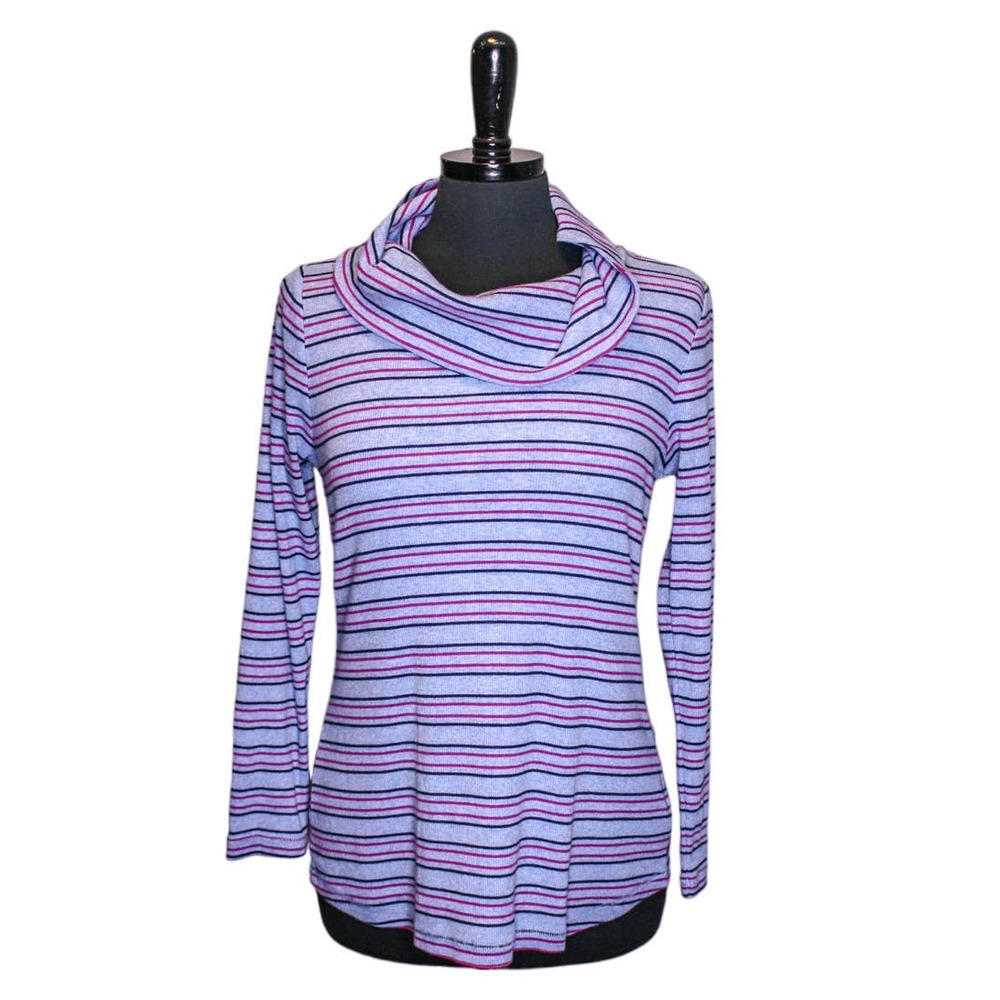 T By Talbots Cowl Neck Top Striped Ribbed Stretch Size MP